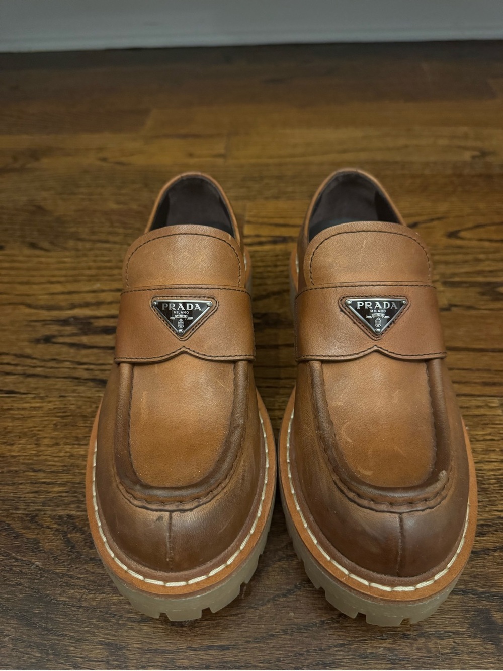 Prada Men’s Tan Leather Lug-Sole Penny Loafers